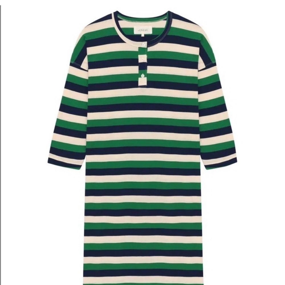 THE GREAT. Striped Green and Cream Midi Dress